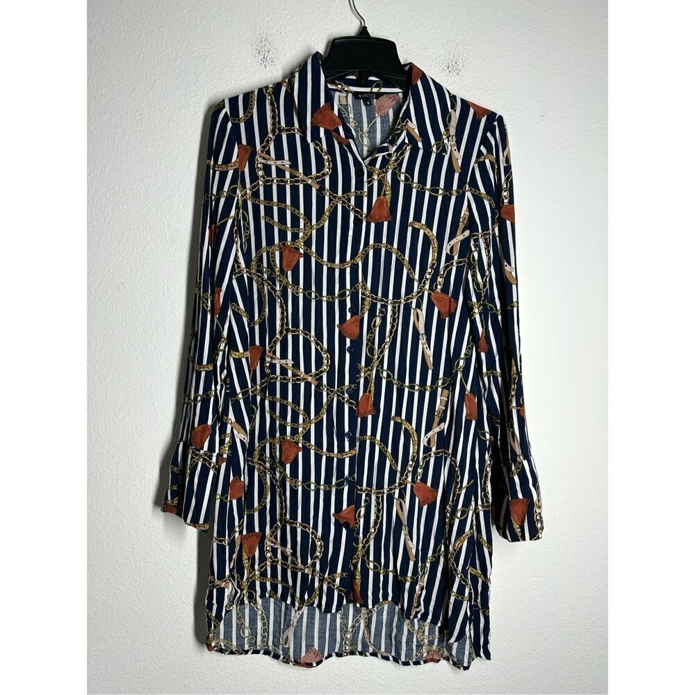 Marquis Women’s Blouse Size S Blue Brown Chain Pattern Button Down Long Sleeve